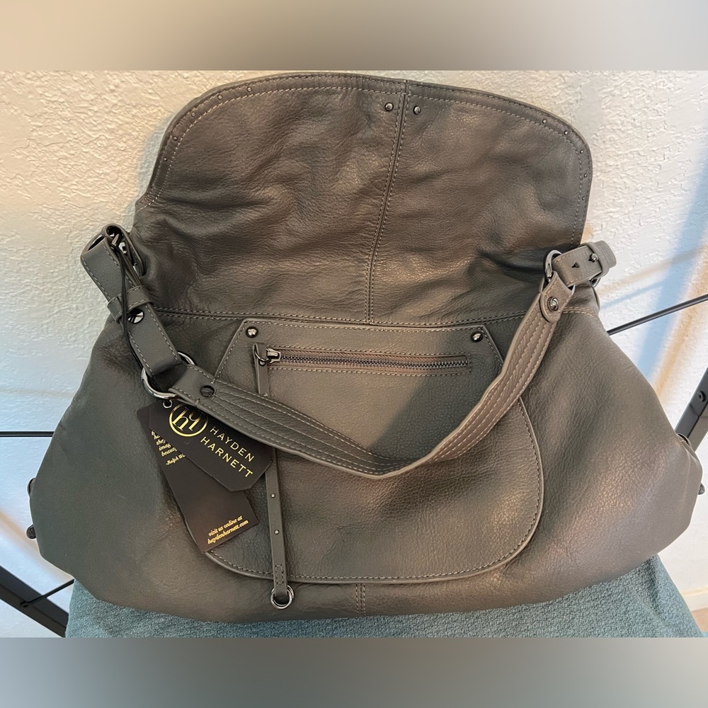 NWT Hayden Harnett XL Gray Leather Havana Hobo Shoulder Bag with dust bag